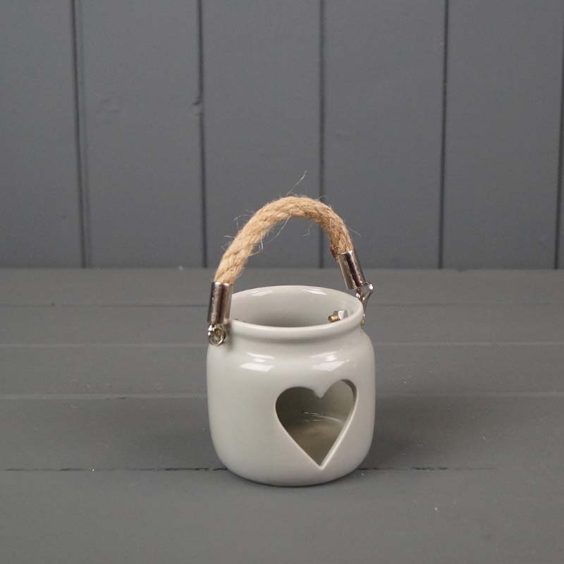 Grey Porcelain Tealight Holder with Rope Handle and Cut Out Heart detail page